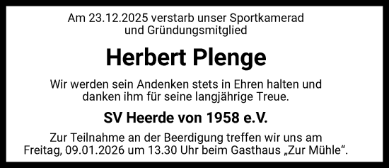Traueranzeige von Herbert Plenge von SYKS