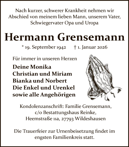 Traueranzeige von Hermann Grensemann von SYWZ