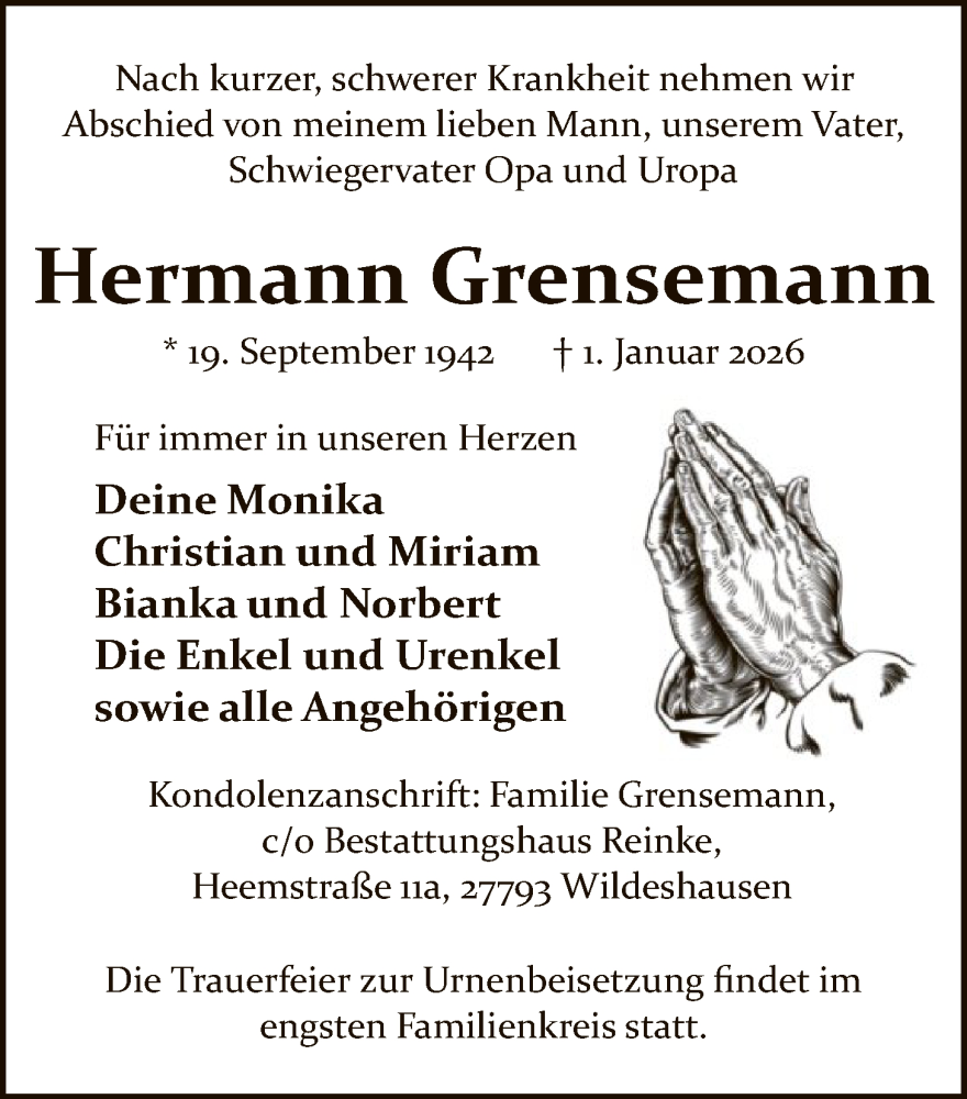  Traueranzeige für Hermann Grensemann vom 06.01.2026 aus SYWZ