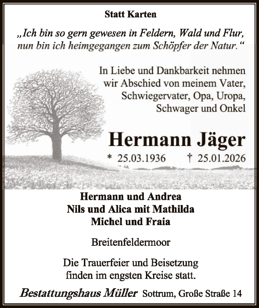  Traueranzeige für Hermann Jäger vom 31.01.2026 aus SYKR