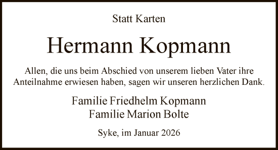 Traueranzeige von Hermann Kopmann von SYKS