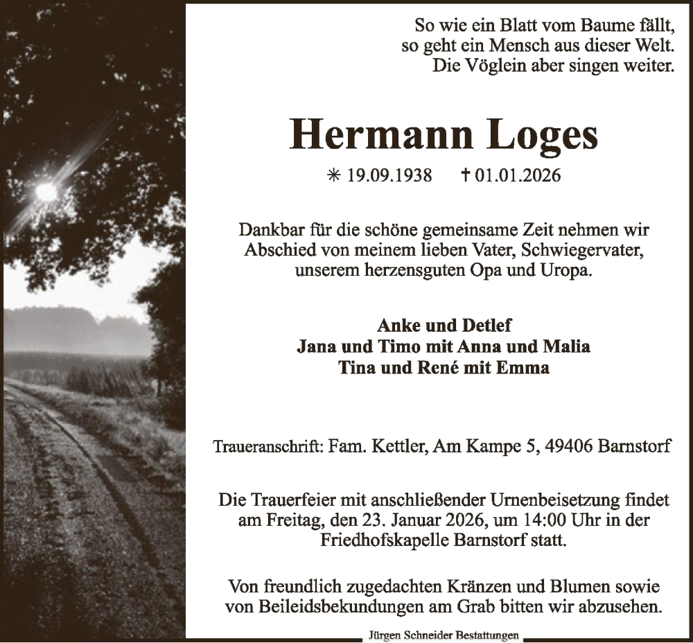  Traueranzeige für Hermann Loges vom 17.01.2026 aus SYKS