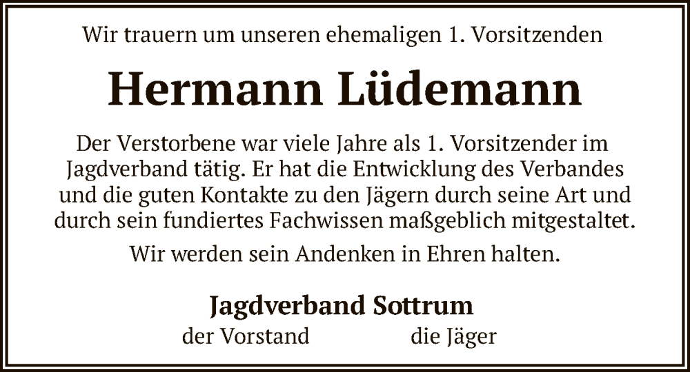  Traueranzeige für Hermann Lüdemann vom 10.01.2026 aus SYKR