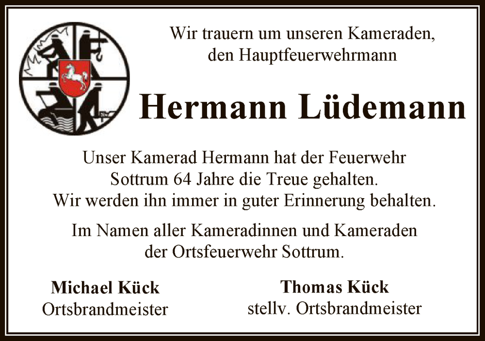  Traueranzeige für Hermann Lüdemann vom 13.01.2026 aus SYKR