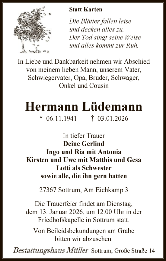 Traueranzeige von Hermann Lüdemann von SYKR