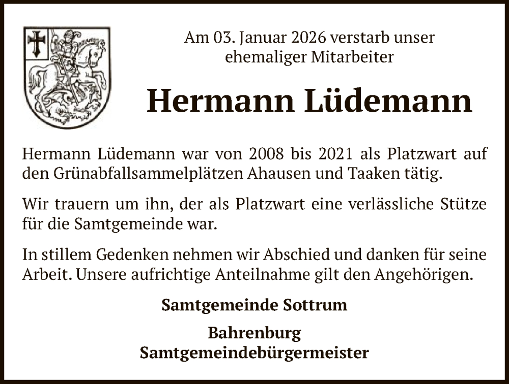  Traueranzeige für Hermann Lüdemann vom 17.01.2026 aus SYKR