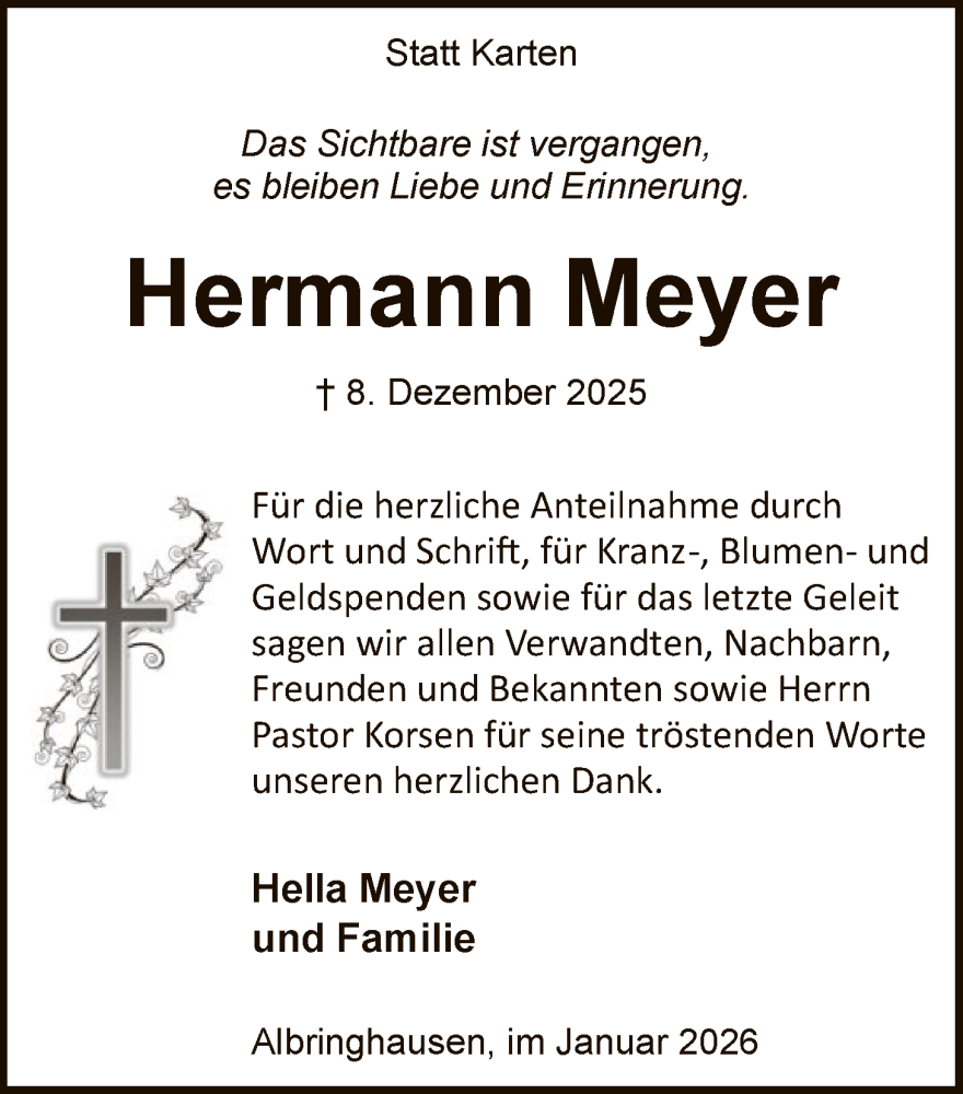  Traueranzeige für Hermann Meyer vom 17.01.2026 aus SYKS