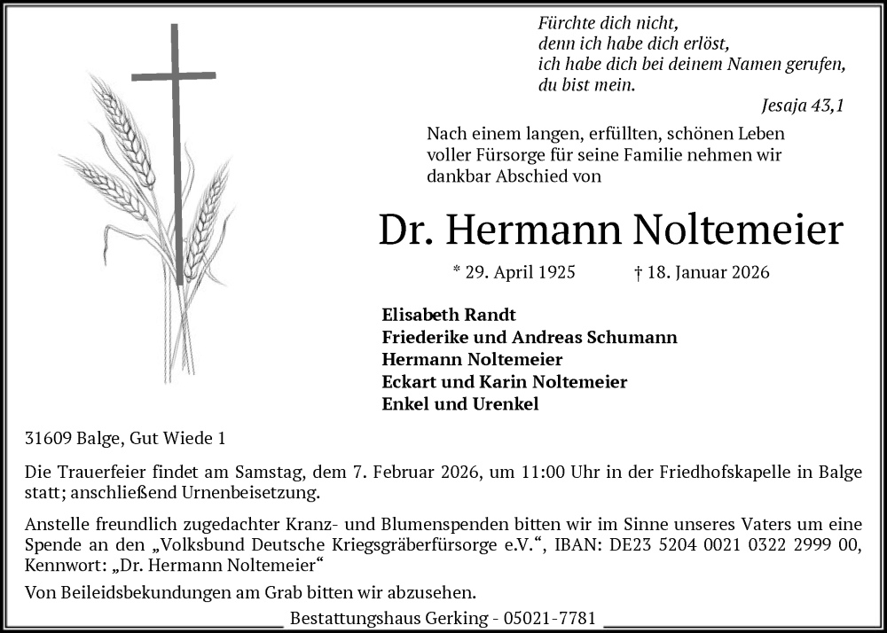  Traueranzeige für Hermann Noltemeier vom 24.01.2026 aus SYKS