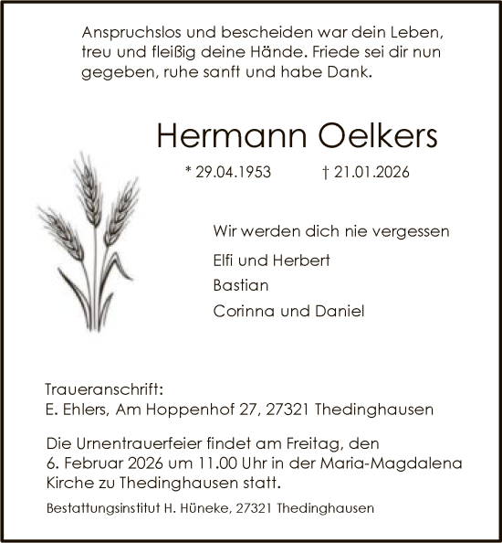 Traueranzeige von Hermann Oelkers von SYKS