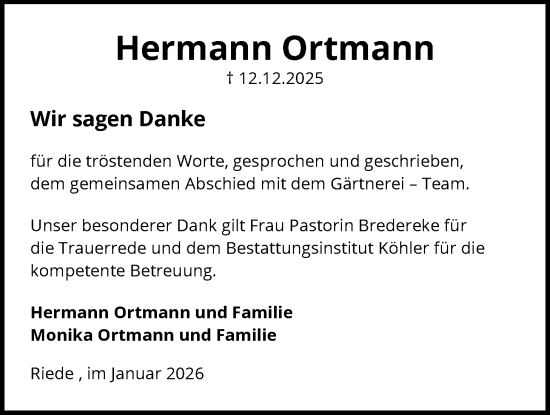 Traueranzeige von Hermann Ortmann von SYKS