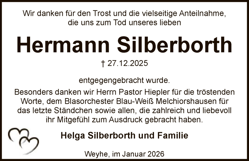  Traueranzeige für Hermann Silberborth vom 31.01.2026 aus SYKS