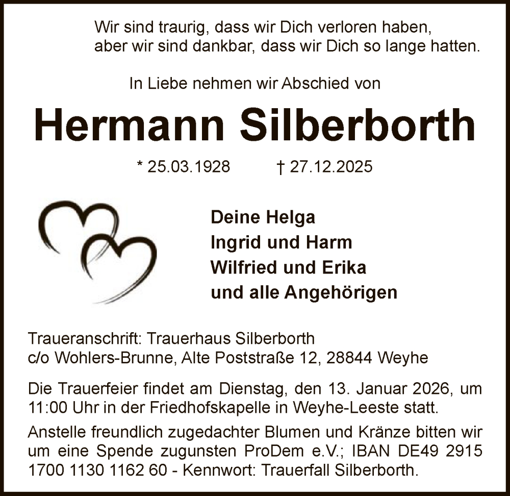  Traueranzeige für Hermann Silberborth vom 07.01.2026 aus SYKS