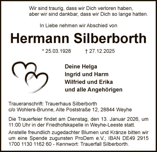 Traueranzeige von Hermann Silberborth von SYKS