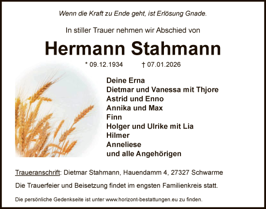 Traueranzeige von Hermann Stahmann von SYKS