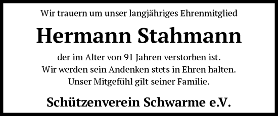 Traueranzeige von Hermann Stahmann von SYKS