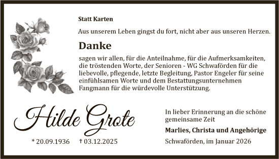 Traueranzeige von Hilde Grote von SYKS