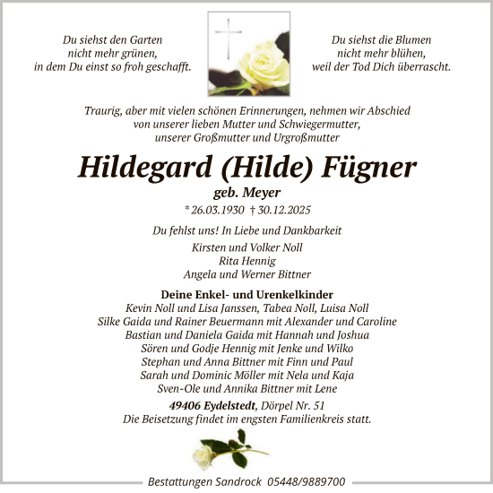 Traueranzeige von Hildegard Fügner von SYKS