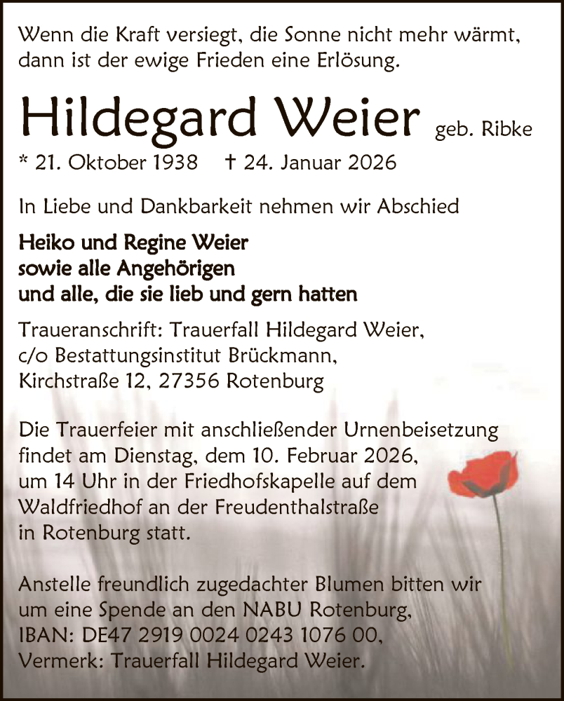  Traueranzeige für Hildegard Weier vom 31.01.2026 aus SYKR