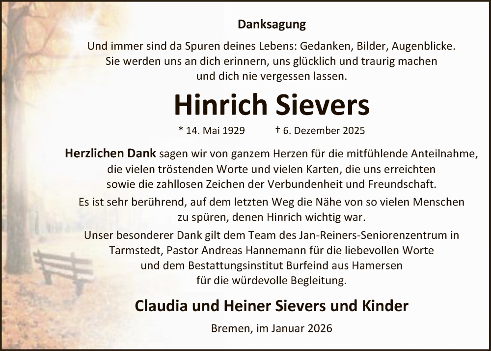  Traueranzeige für Hinrich Sievers vom 10.01.2026 aus SYKR