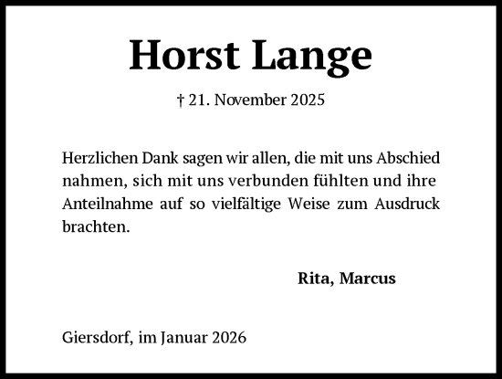 Traueranzeige von Horst Lange von SYKS