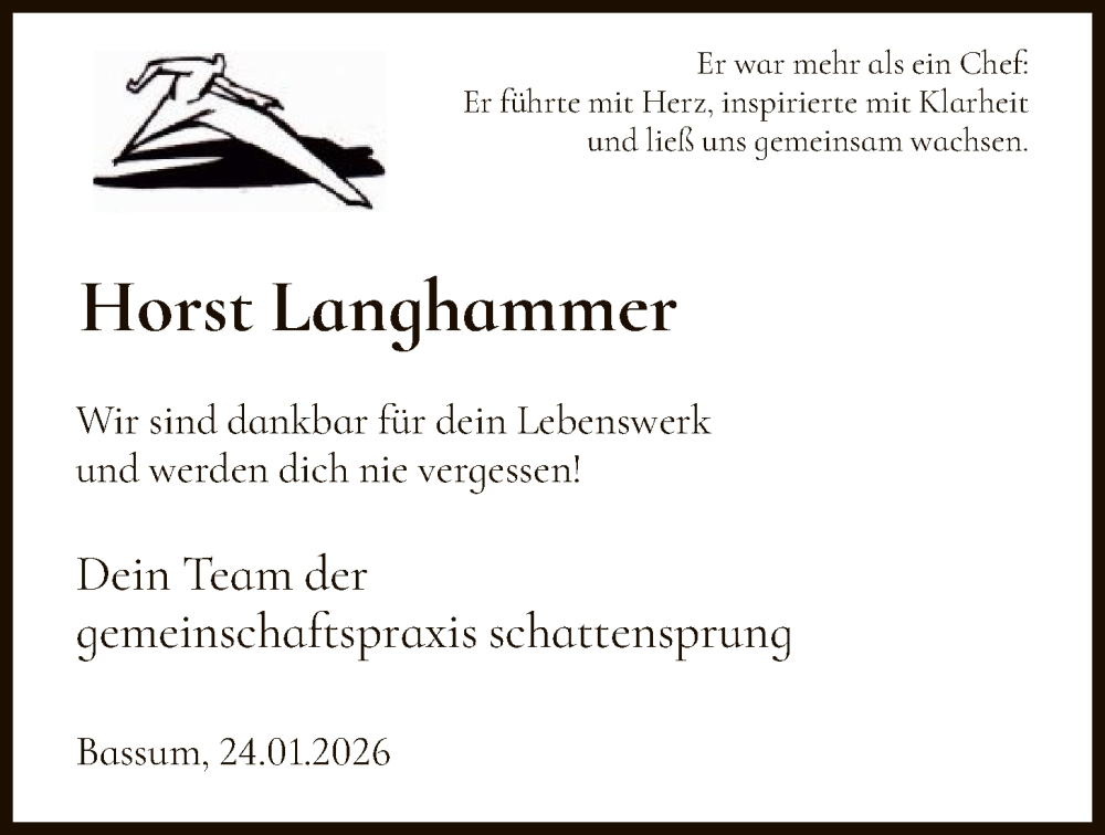  Traueranzeige für Horst Langhammer vom 24.01.2026 aus SYKS
