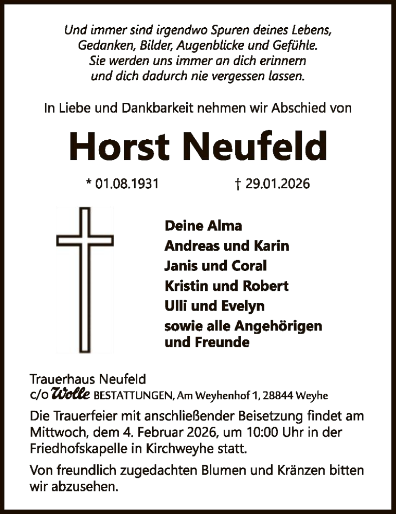 Traueranzeige für Horst Neufeld vom 31.01.2026 aus SYKS