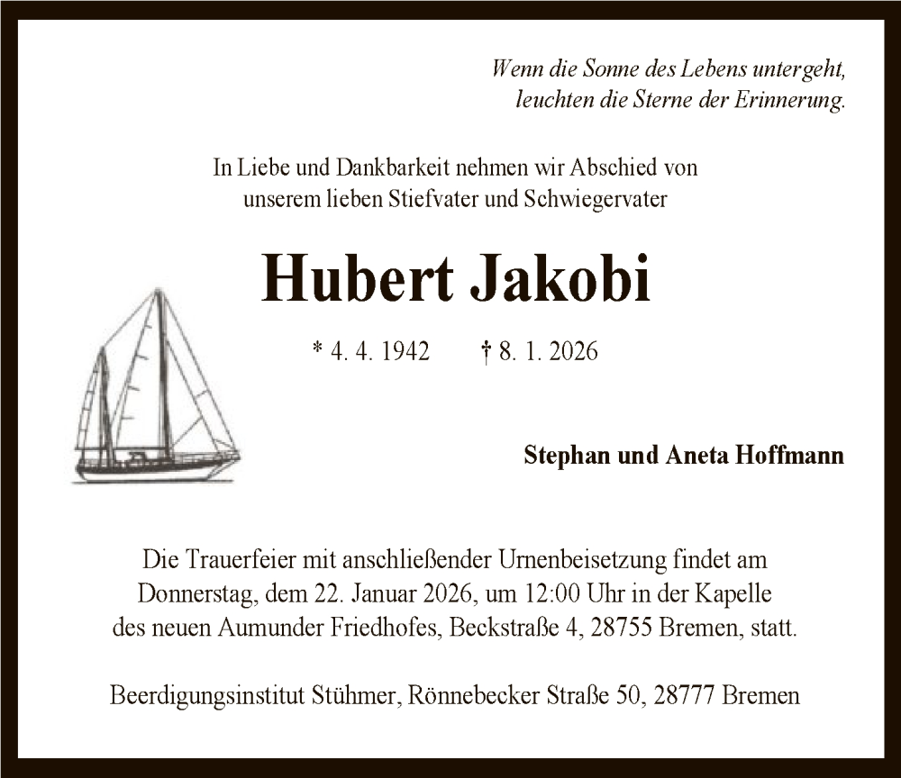  Traueranzeige für Hubert Jakobi vom 17.01.2026 aus SYKS