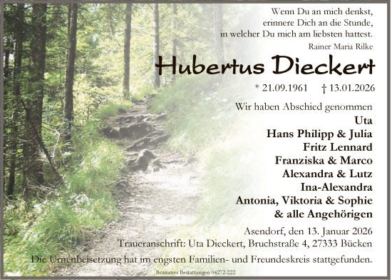 Traueranzeige von Hubertus Dieckert von SYKS