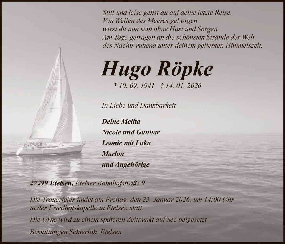  Traueranzeige für Hugo Röpke vom 20.01.2026 aus SYKS