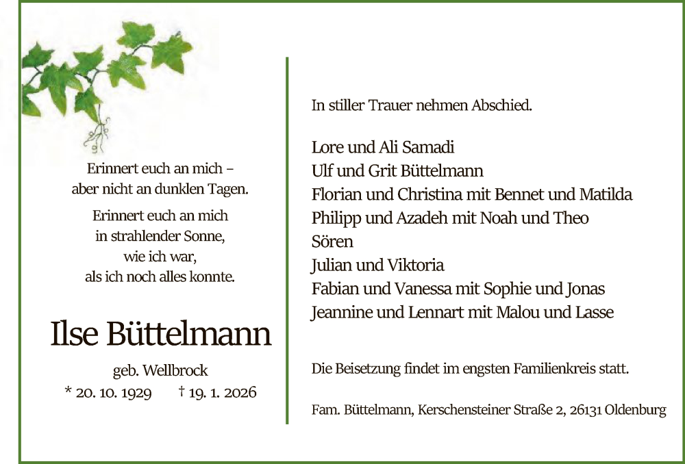  Traueranzeige für Ilse Büttelmann vom 24.01.2026 aus SYWZ