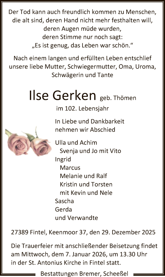 Traueranzeige von Ilse Gerken von SYKR