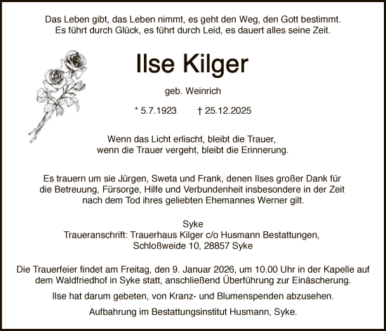 Traueranzeige von Ilse Kilger von SYKS