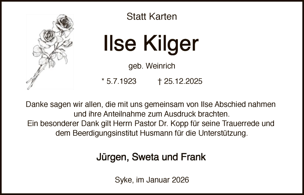  Traueranzeige für Ilse Kilger vom 31.01.2026 aus SYKS