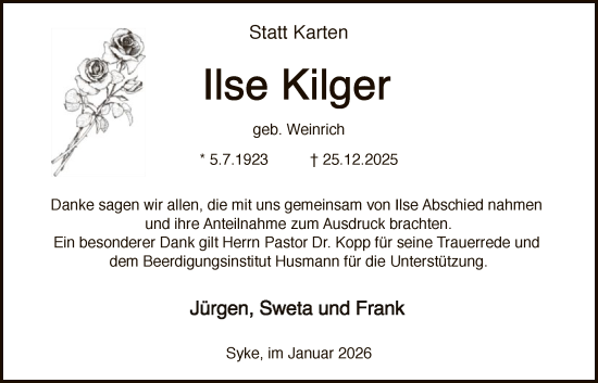 Traueranzeige von Ilse Kilger von SYKS