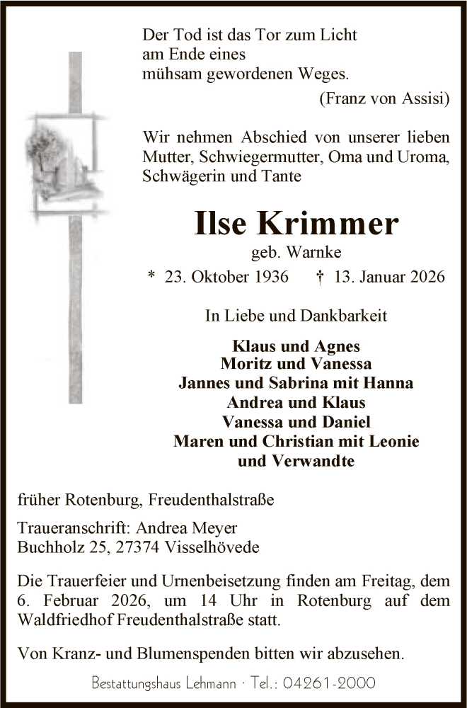  Traueranzeige für Ilse Krimmer vom 31.01.2026 aus SYKR