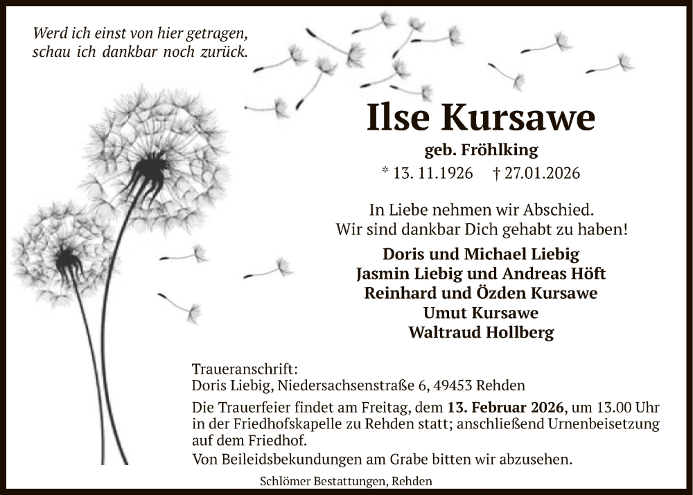  Traueranzeige für Ilse Kursawe vom 31.01.2026 aus SYKS