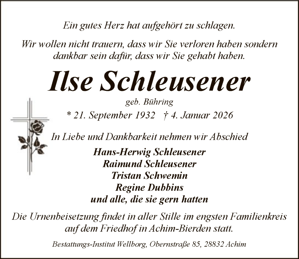  Traueranzeige für Ilse Schleusener vom 10.01.2026 aus SYKS