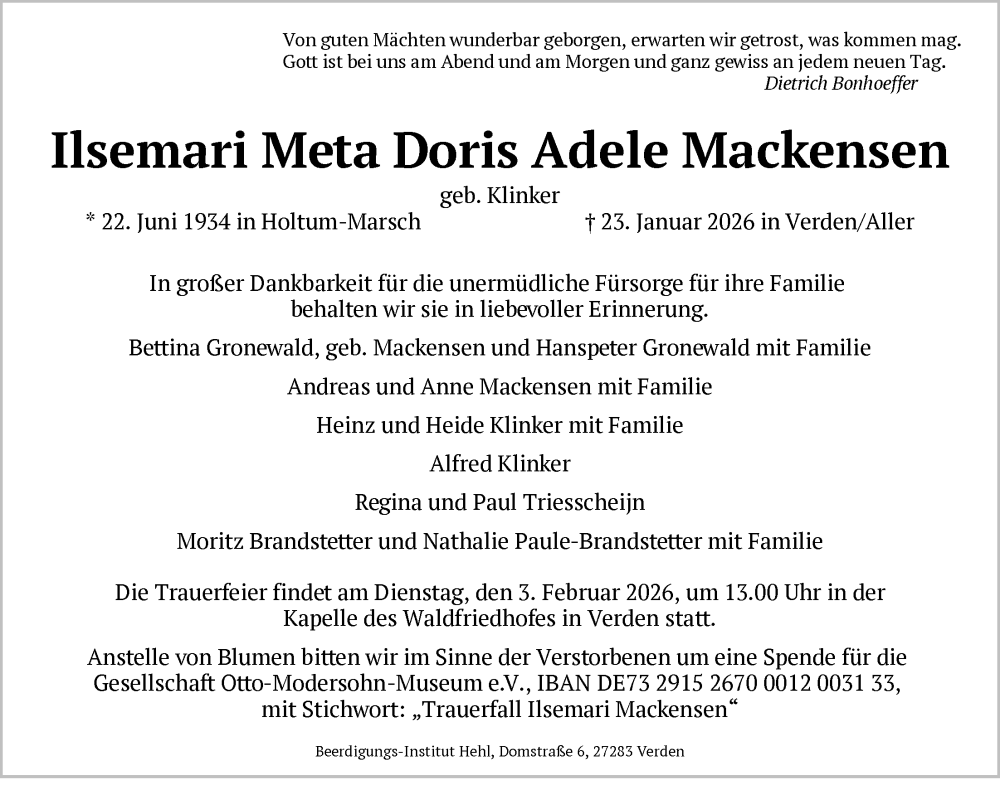  Traueranzeige für Ilsemari Meta Doris Adele Mackensen vom 31.01.2026 aus SYKS