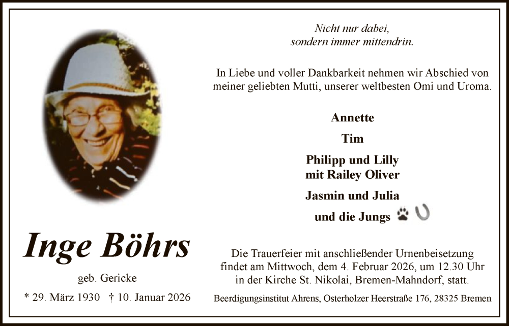  Traueranzeige für Inge Böhrs vom 24.01.2026 aus SYKS