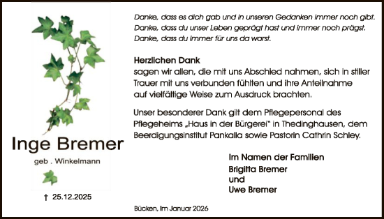 Traueranzeige von Inge Bremer von SYKSSYKS