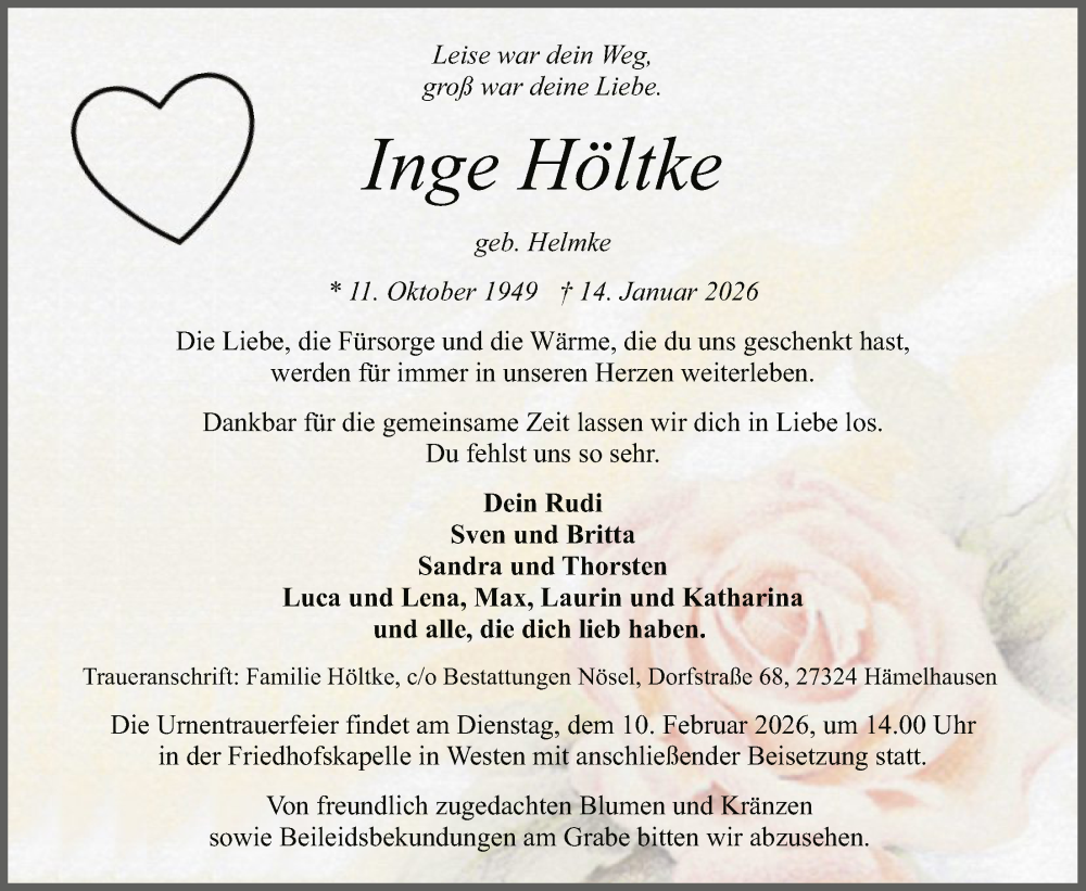  Traueranzeige für Inge Höltke vom 31.01.2026 aus SYKS