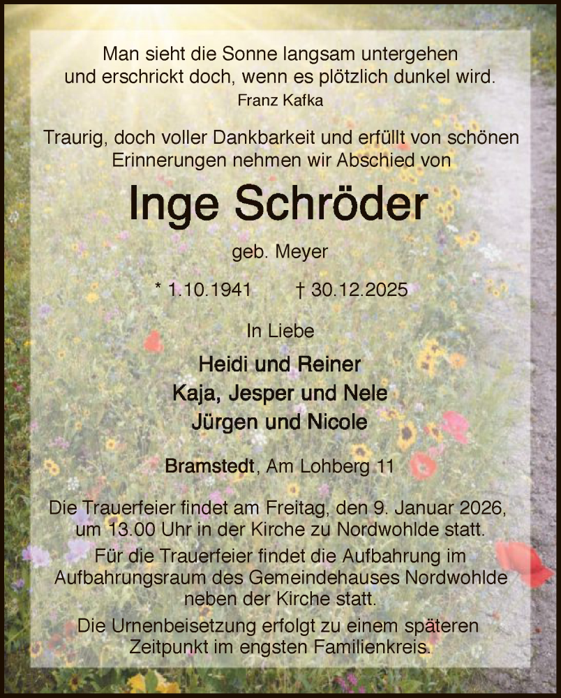  Traueranzeige für Inge Schröder vom 03.01.2026 aus SYKS