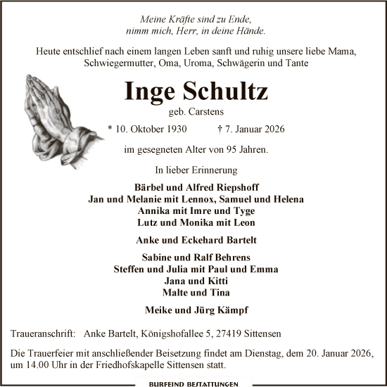 Traueranzeige von Inge Schultz von SYKR