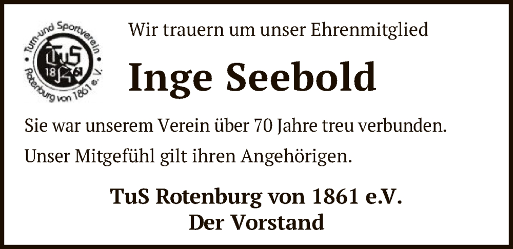  Traueranzeige für Inge Seebold vom 30.01.2026 aus SYKR