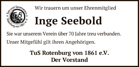 Traueranzeige von Inge Seebold von SYKR