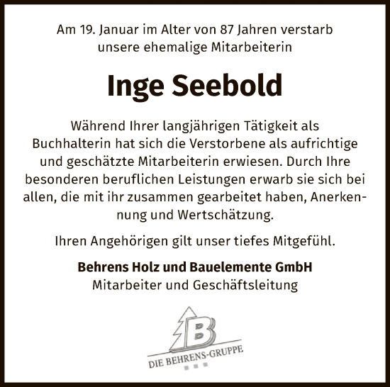Traueranzeige von Inge Seebold von SYKR