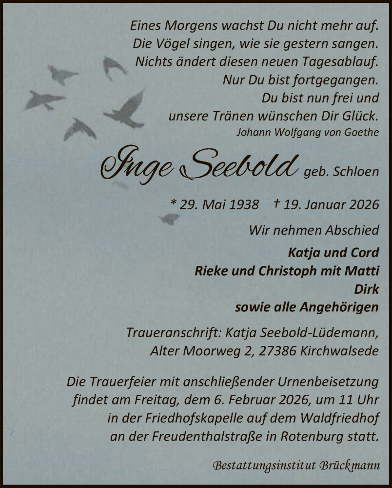  Traueranzeige für Inge Seebold vom 24.01.2026 aus SYKR