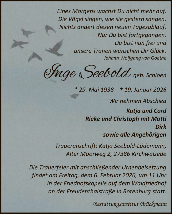 Traueranzeige von Inge Seebold von SYKR