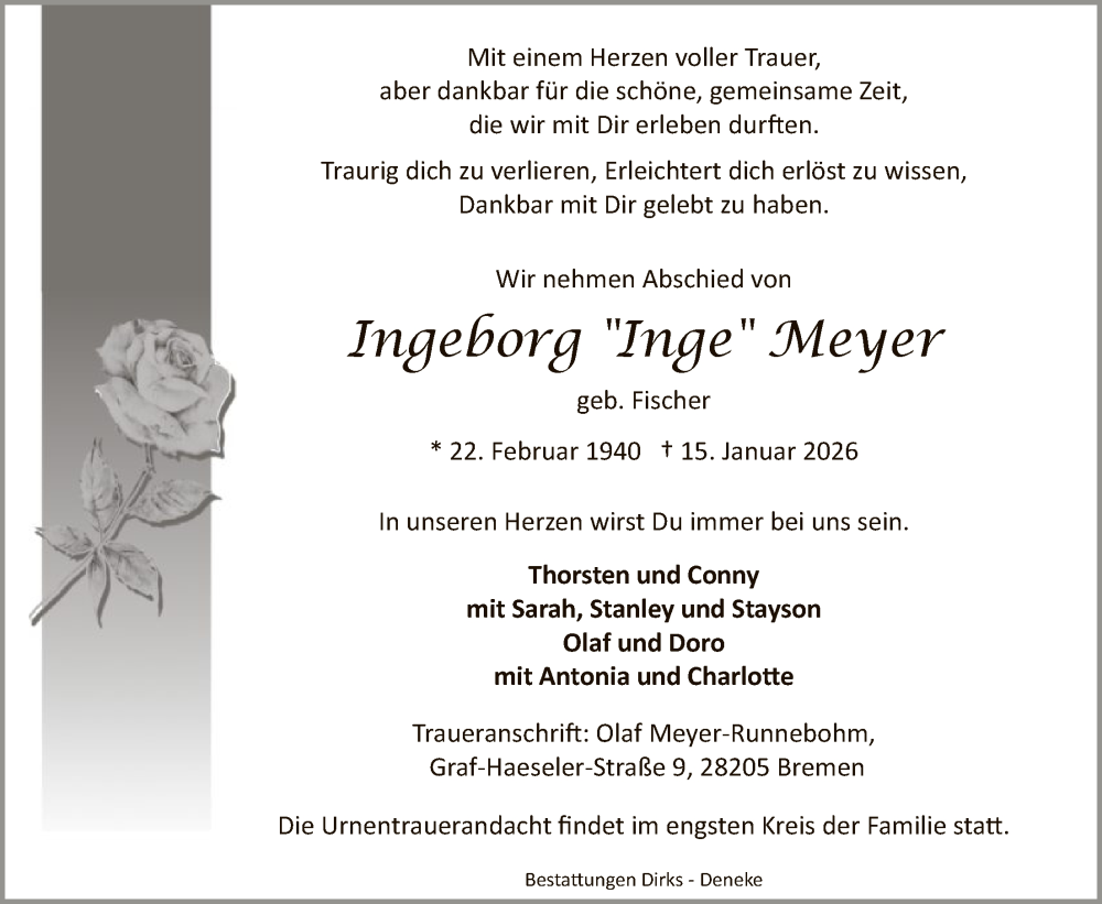  Traueranzeige für Ingeborg Meyer vom 31.01.2026 aus SYKS