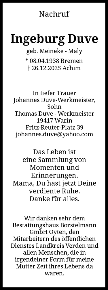 Traueranzeige von Ingeburg Duve von SYKS
